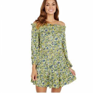 Michael Kors Large Yellow Blue Dress Off the Shoulder Long Sleeve Mini Stretch